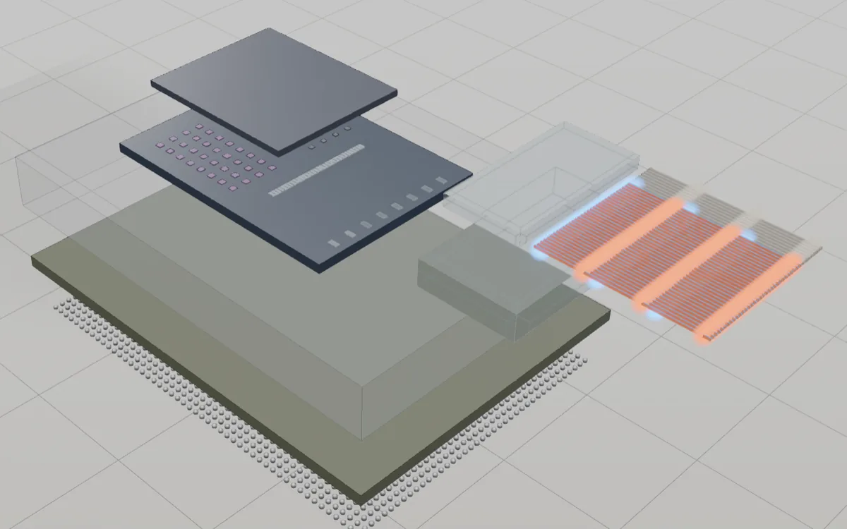 3D render of an exploded optical engine package, with photonic and electronic chips lifted above an organic substrate and ball grid array, beside a fiber array unit.
